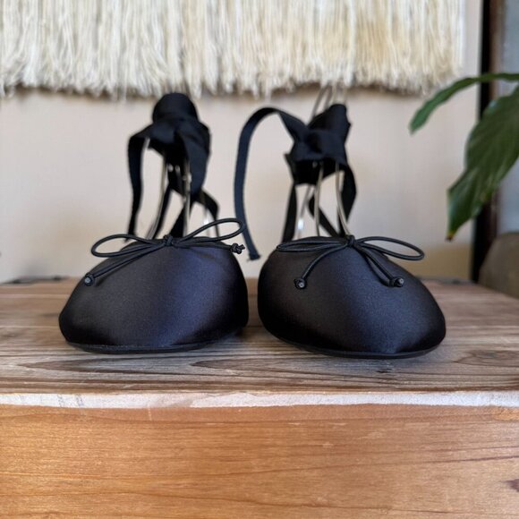 Zara Black Satin Mule Ankle Wrap Bow Detail Minimalist Ballet Flat Size 39 / 8 - Picture 4 of 15